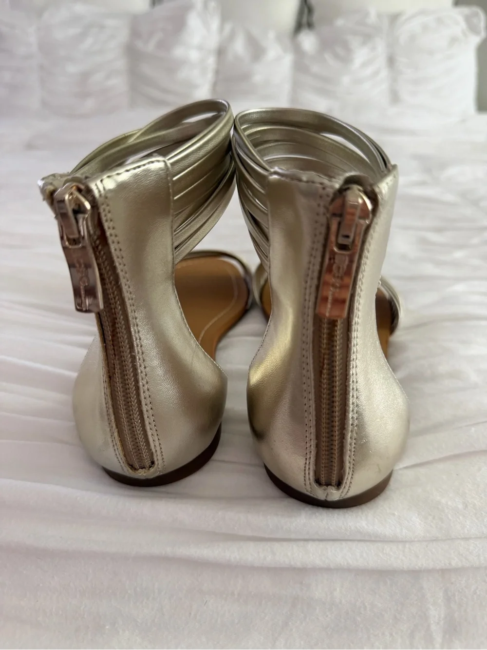 BCBGeneration Metallic Gold Strappy Ankle Zip Sandals Size 7 New